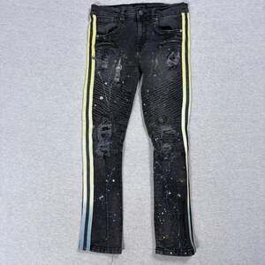 Encrypted Distressed Moto Jeans Size 14 Black Paint Splatter Yellow Stripes